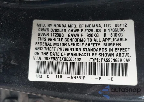 2012 Honda Civic Ex from USA, damaged, VIN 19XFB2F8XCE365102